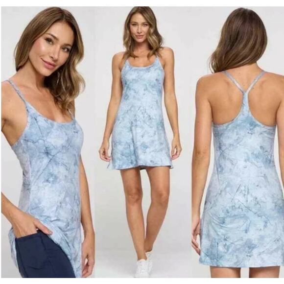 EVCR Blue Kelly Tie Dye Marbled Racerback Athletic Bodysuit Mini Dress Size M - Picture 1 of 7